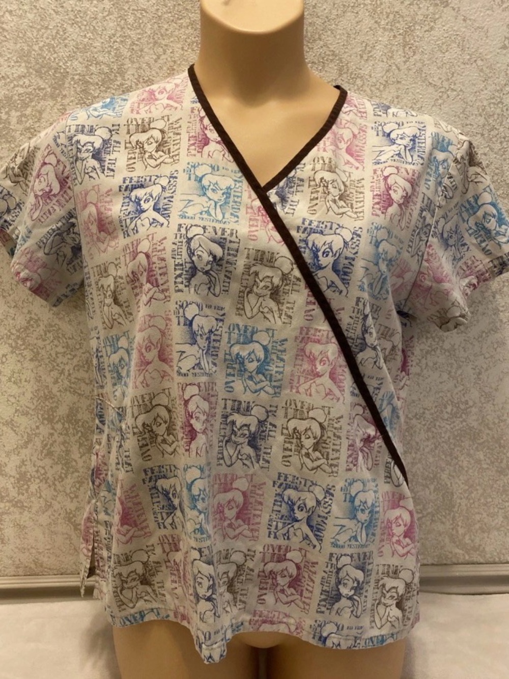 Disney Women's Scrub Top with Tinkerbell Multicolored Print